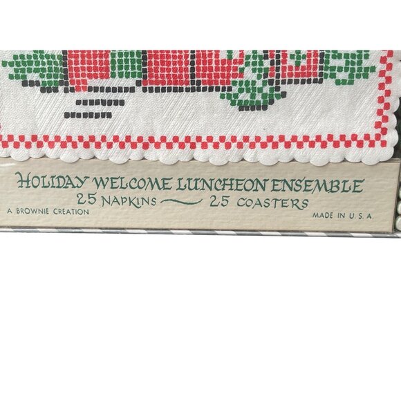 Vintage Brownie Holiday Luncheon Ensemble 25 Napkins Coasters Christmas NEW NOS - Picture 2 of 4